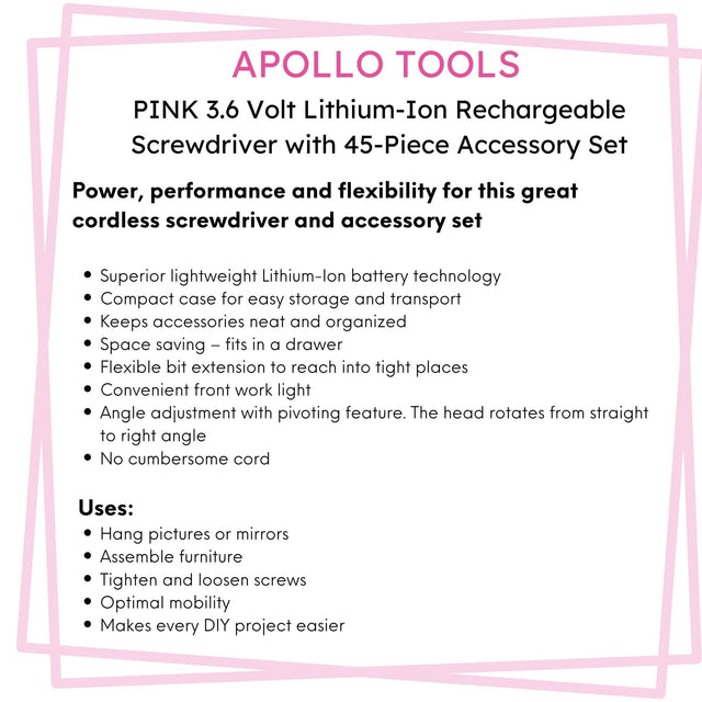 3.6 Volt Lithium-Ion Rechargeable Screwdriver with 45 Piece Accessory Set - Pink DT4944P