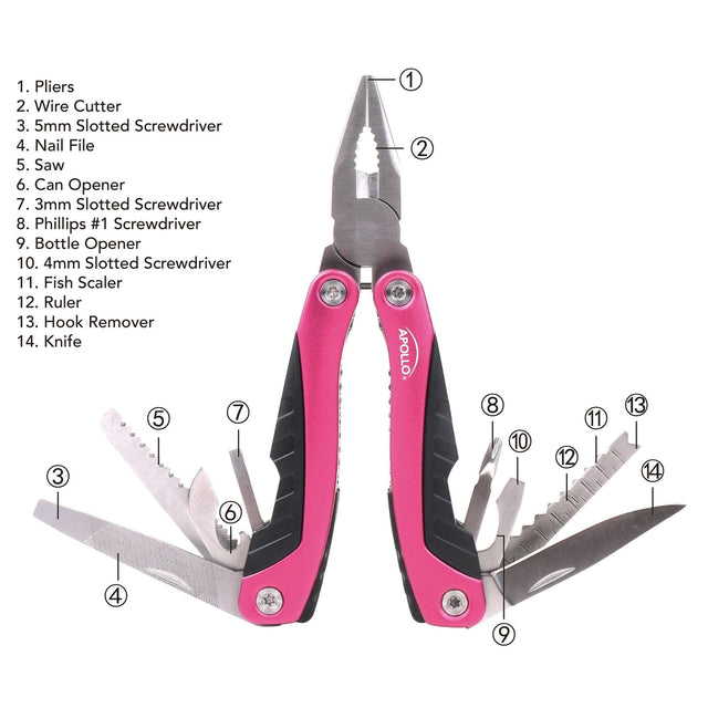 14-in-1 Pink High-Quality Pocket Multitool Pliers. Great for Outdoors, Camping, Fishing --DT5015P