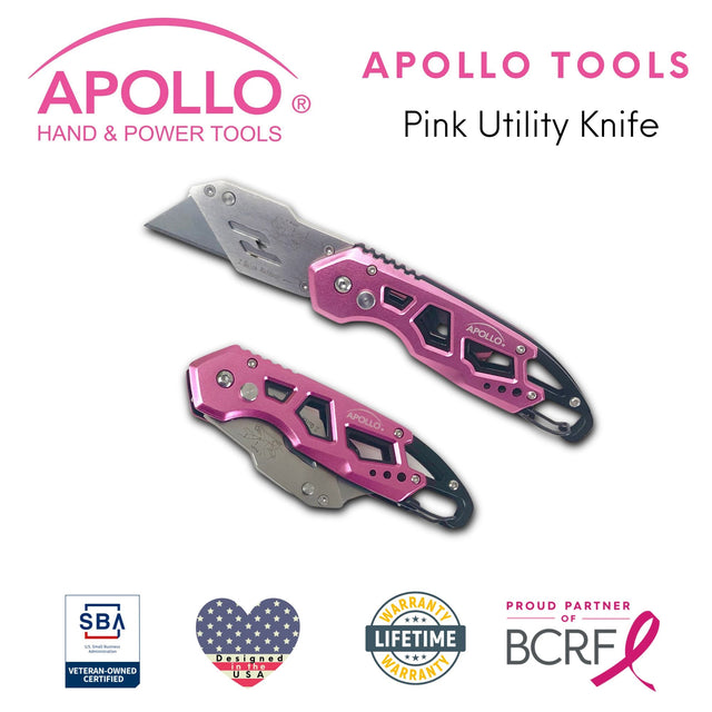 Ergonomic Stainless Steel, Lightweight, Foldable Pink Utility Knife with Carabiner Clip and Fast-Change Blade - DT5017P