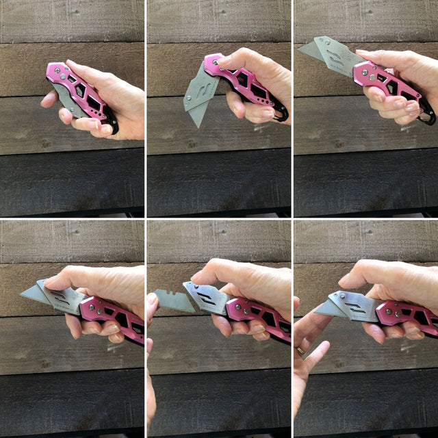 Ergonomic Stainless Steel, Lightweight, Foldable Pink Utility Knife with Carabiner Clip and Fast-Change Blade - DT5017P