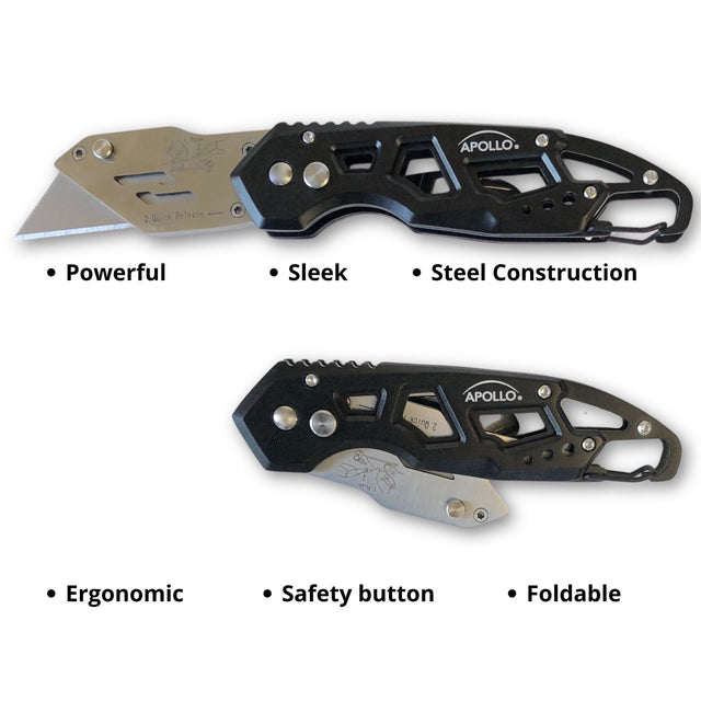 Ergonomic Stainless Steel, Lightweight, Foldable Black Utility Knife with Carabiner Clip and Fast-Change Blade - DT5017