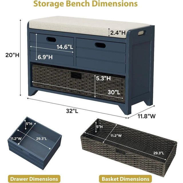 Hausvita 32" Storage Bench for Entryway, Shoe Bench with Storage Removable Basket and 2 Drawers