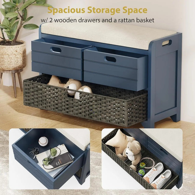 Hausvita 32" Storage Bench for Entryway, Shoe Bench with Storage Removable Basket and 2 Drawers