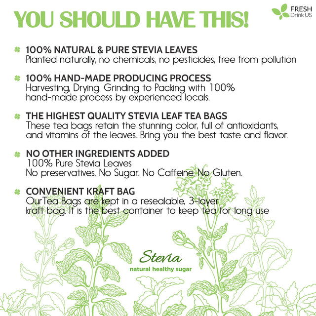 Stevia Leaf Tea Bags, 100% Natural & Pure Stevia leaves, Eco-Conscious Tea Bags, Stevia Herbal Tea. Stevia Leaf Tea. No Sugar, No Caffeine, No Gluten, Vegan