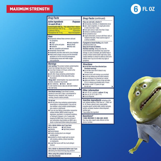 Mucinex Fast-Max Cold, Flu and Sore Throat Relief Liquid, Maximum Strength, 6 fl oz