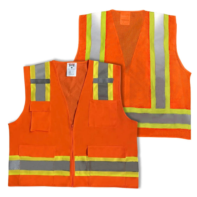 Safety Main 05TTSOZ Surveyor Vest, Class 2, Solid Front, Mesh Back, Hi-Vis Orange, Pack of 10