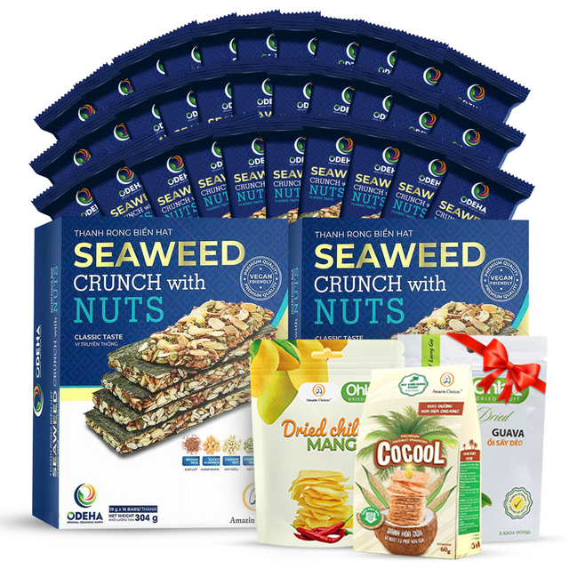 Buy for $39.98, Get 3 FREE Snack Gifts ($20.97 Value) – Amazin Choices Premium Seaweed Crunch with Nuts, 2 Boxes (32 Bars) – Gifts: Dried Guava, Coconut Cracker & Dried Chili Mango