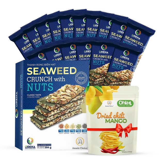 Amazin Choices Rong Biển Kẹp Hạt Cao Cấp (16 Thanh) – Snack Thuần Chay Lành Mạnh – Mua $19.99 Tặng Ngay Xoài Cay Sấy Dẻo 100g (Trị giá: $7.99 )