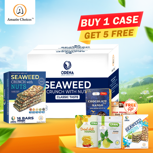 BIG DEAL! Buy 1 Case Seaweed Crunch with Nuts (24 Boxes, 16 Bars Each) – Original Price $479.76 → Now $384 (20% OFF) + FREE Viet Snack Gift Set ($95 Value: Dried Guava, Chili Mango, Wasabi Seaweed, Pink Salt Coffee, Chocolate Dip Mango)