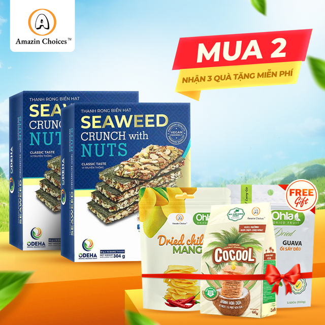 Amazin Choices Rong Biển Kẹp Hạt Cao Cấp 2 Hộp (32 Thanh) – Mua $39.98, Tặng Miễn Phí Bộ Quà Snack Việt ($20.97 Giá Trị): Xoài Cay Sấy Dẻo, Ổi Sấy Dẻo & Bánh Dừa Nướng