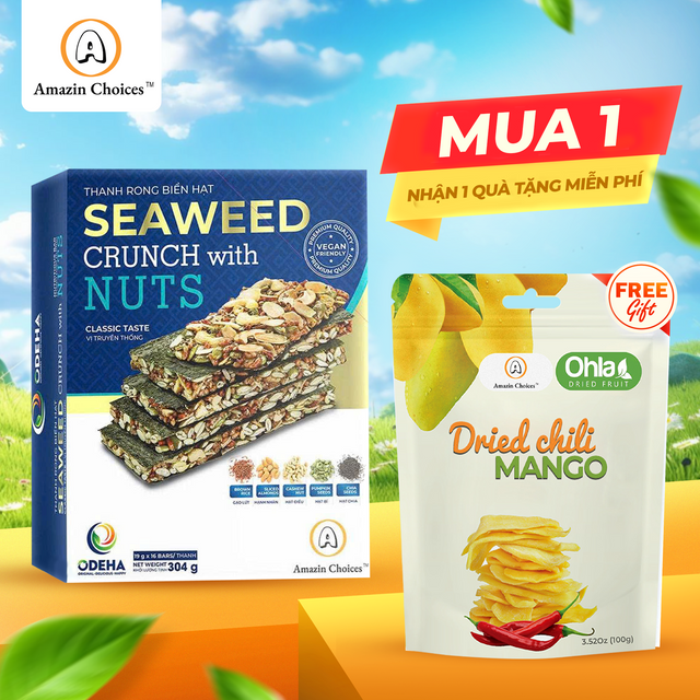 Amazin Choices Rong Biển Kẹp Hạt Cao Cấp (16 Thanh) – Snack Thuần Chay Lành Mạnh – Mua $19.99 Tặng Ngay Xoài Cay Sấy Dẻo 100g (Trị giá: $7.99 )