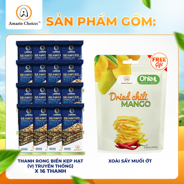 Amazin Choices Rong Biển Kẹp Hạt Cao Cấp (16 Thanh) – Snack Thuần Chay Lành Mạnh – Mua $19.99 Tặng Ngay Xoài Cay Sấy Dẻo 100g (Trị giá: $7.99 )