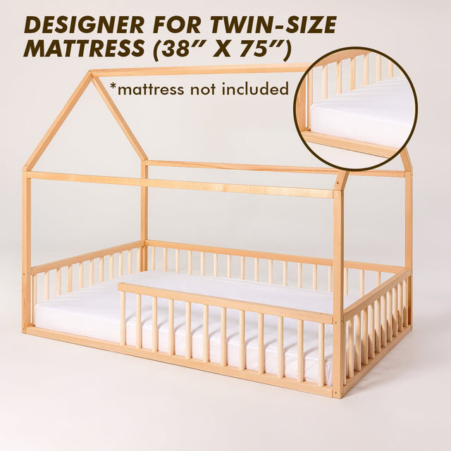 Twin Size Montessori House Bed for Kids with Fence