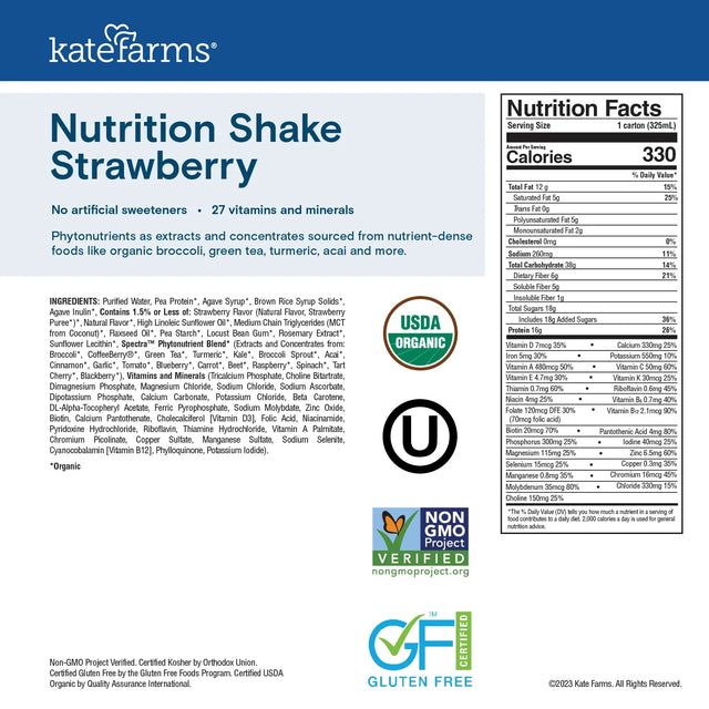Kate Farms Nutrition Shake, Strawberry, Case/12