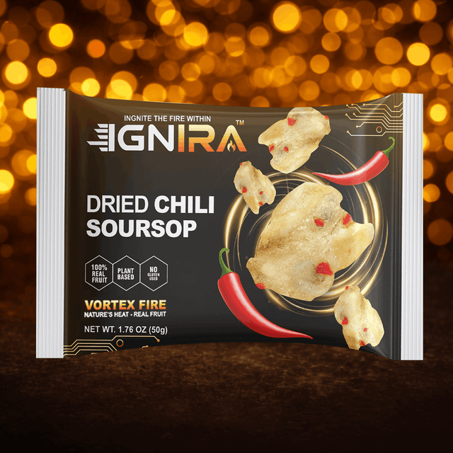 IGNIRA Spicy Dried Soursop with Chili, Vegan Sweet & Hot Fruit Snacks, Premium Soft Dried Chili Soursop, Plant-based, Gluten-free, Real Fruit Snack Strips, Vortex Fire energy Pack of 1 (1.76 oz)