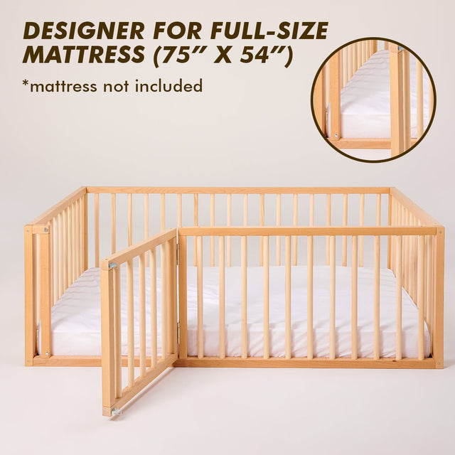 Full Montessori Floor Bed Frame for Toddlers with Fence