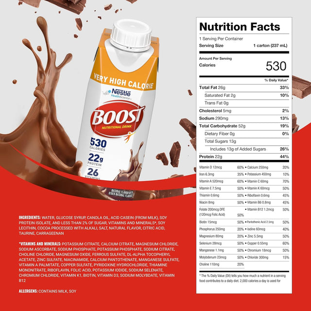 Nestle Boost Very High Calorie (VHC), Chocolate, 8 oz Carton, Case/24