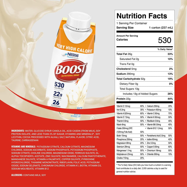 Nestle Boost Very High Calorie (VHC), Very Vanilla, 8 oz Carton, Case/24
