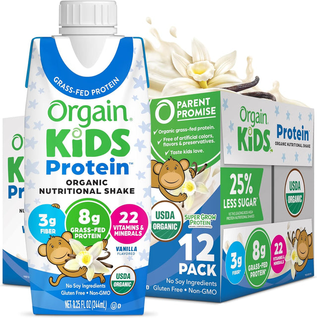Orgain Organic Kids Nutritional Grass-Fed Protein Shake, Vanilla, Pack of 12