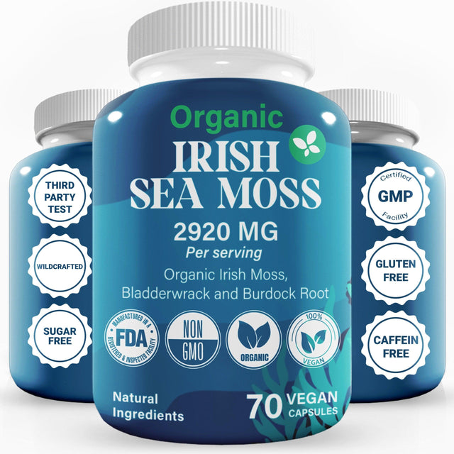 Premium Irish Sea Moss Capsules, 100% Pure, Powerful Formula Recommended by Dietitian, Wildcrafted Sea Moss, Bladderwrack & Burdock Root, No Sugar, Gluten, Caffeine & Fat