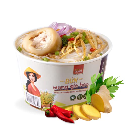 SIMPLY FOOD Instant Pork and Bamboo Shoot Rice Vermicelli Noodles (Bún Măng Giò Heo) - 9 BOWLS/ 70g each – Thin, White, Round, Rice Vermicelli Noodles in a Delicious Pork and Bamboo Shoot Broth