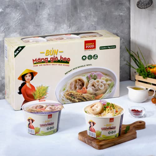 SIMPLY FOOD Instant Pork and Bamboo Shoot Rice Vermicelli Noodles (Bún Măng Giò Heo) - 9 BOWLS/ 70g each – Thin, White, Round, Rice Vermicelli Noodles in a Delicious Pork and Bamboo Shoot Broth
