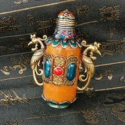 Exquisite Chinese Handmade Double Phoenix Copper Snuff Bottle with Gift Box