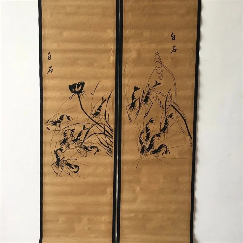 Qi Baishi Chinese Calligraphy And Painting Scroll Famous Artist Shrimp Murals Four Couplets Old Paper Artwork Traditional Decor