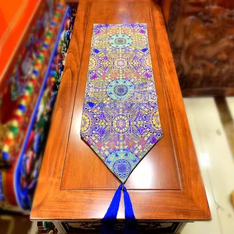 1.5m*35cm/2m*35cm Tibetan Style Satin Fabric Table Flag/Retro Rich Lotus PatternClassical Coffee Table Cloth Buddhist Decoration