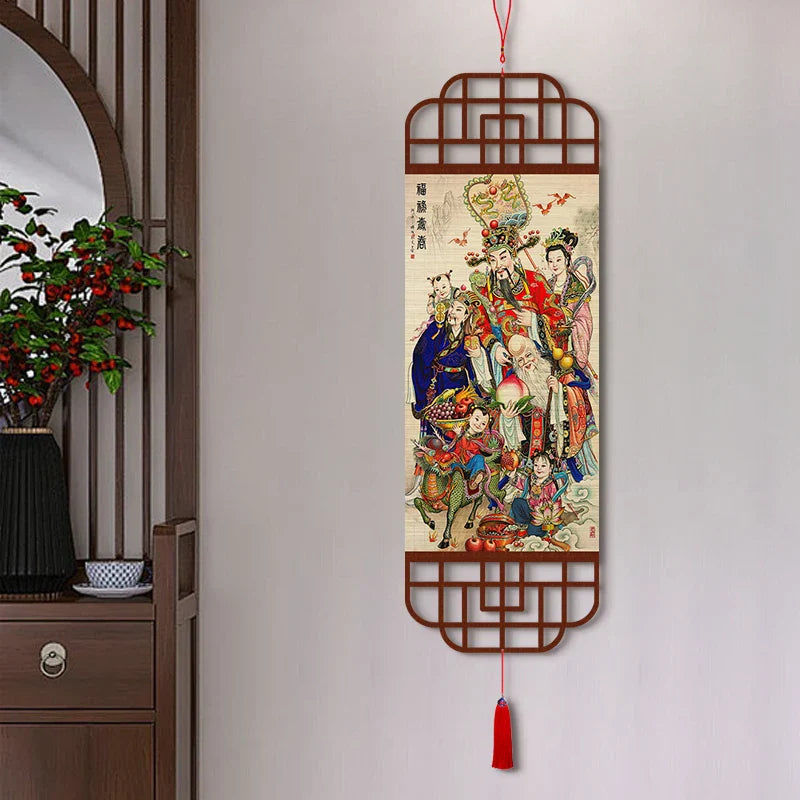 Feng Shui Fu Lu Shou Three Star Gods Wall Art, Bamboo Weave Scroll Hanging for Entryway, Tea Room, Living Room
