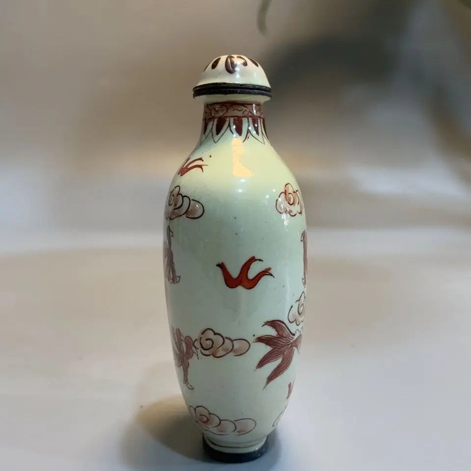 Early Collectible Snuff Bottle, Red Copper Body Enamel Double Dragon Design, Exquisite Craftsmanship,Cultural Hand Play Ornament