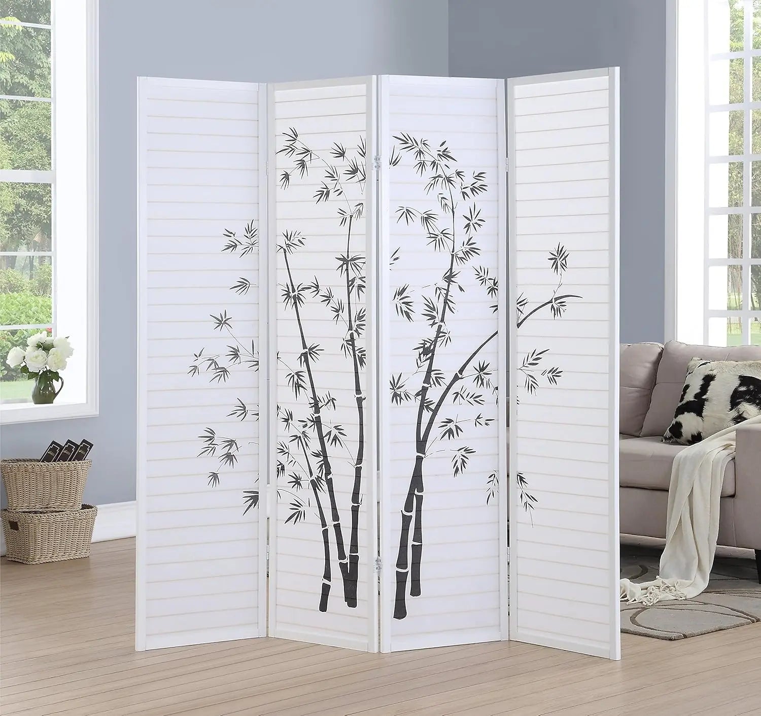4-Panel Room Divider with Bamboo Print, 72W x 71H, Sturdy Mortise & Tenon, White