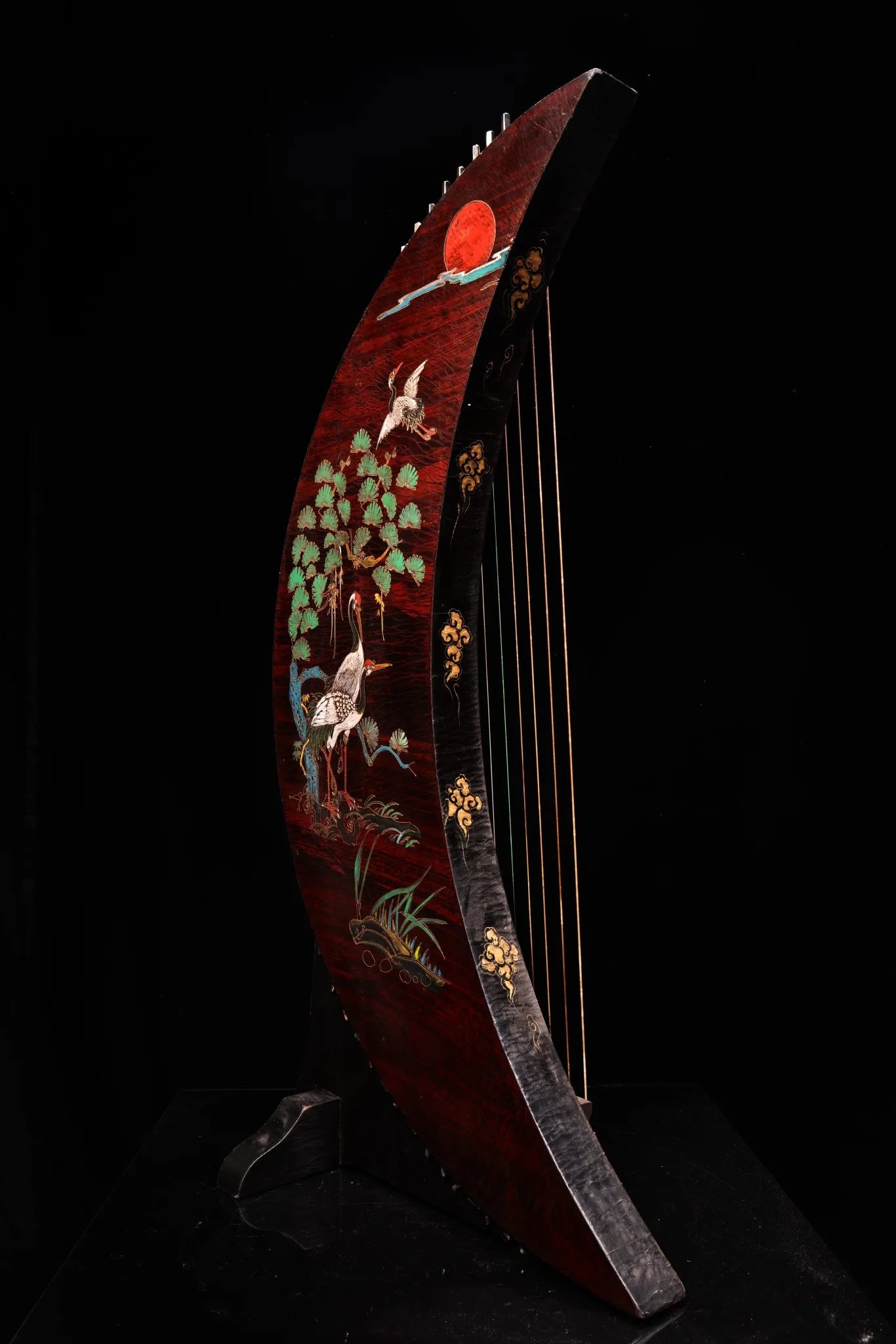 35" Nepalese Crescent Moon Guqin – Vintage Wooden-Bodied Lacquerware with Crane Motif