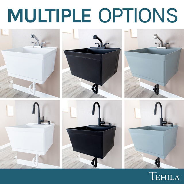 Tehila Standard Wall-Mounted Black Utility Sink with Black Finish Pull-Down Faucet