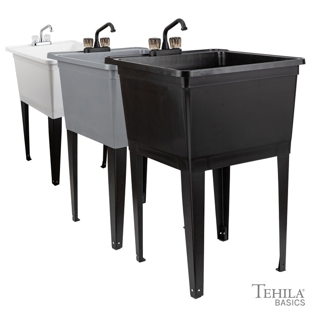 Tehila Basics Freestanding White Utility Sink with Chrome Finish Dual Handle Utility Faucet