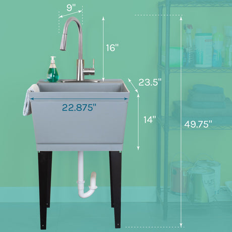 Tehila Standard Freestanding Grey Utility Sink with Stainless Steel Finish High-ArcPull-Down Faucet