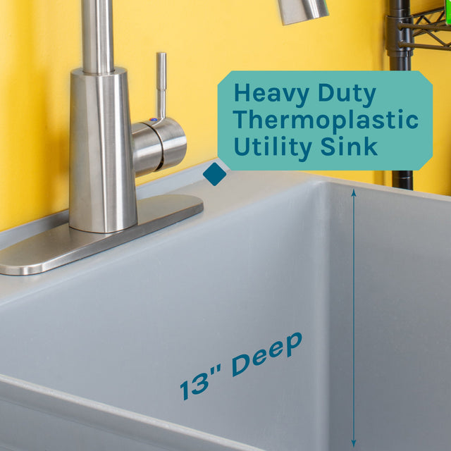Tehila Standard Freestanding Grey Utility Sink with Stainless Steel Finish High-ArcPull-Down Faucet