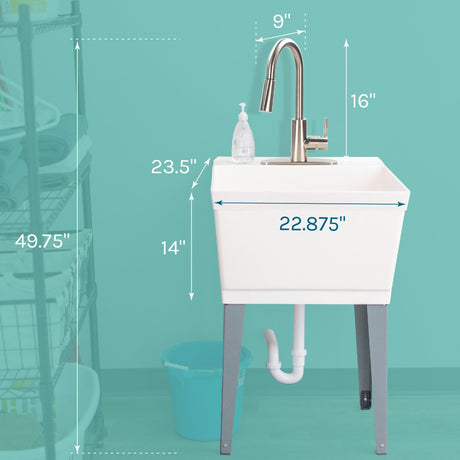 Tehila Standard Freestanding White Utility Sink with Stainless Steel Finish High-Arc Pull-Down Faucet