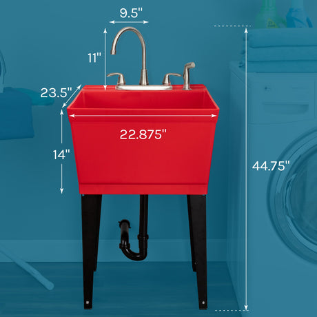 Tehila Standard Freestanding Red Utility Sink with Black Legs and Stainless Steel Finish Wide-set Gooseneck Faucet with Side Sprayer