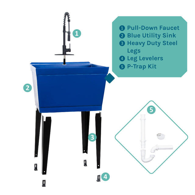 Tehila Standard Freestanding Blue Utility Sink with Black Finish High-Arc Coil Pull-Down Faucet