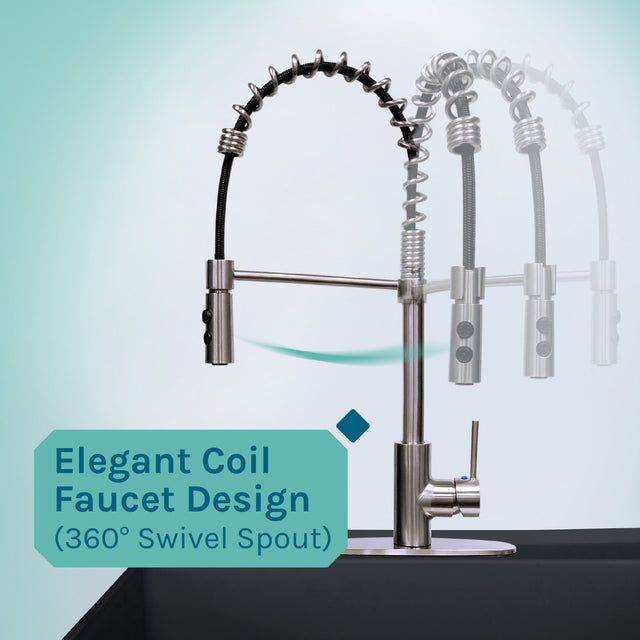 Tehila Standard Freestanding Black Utility Sink with Stainless Steel Finish High-Arc Coil Pull-Down Faucet