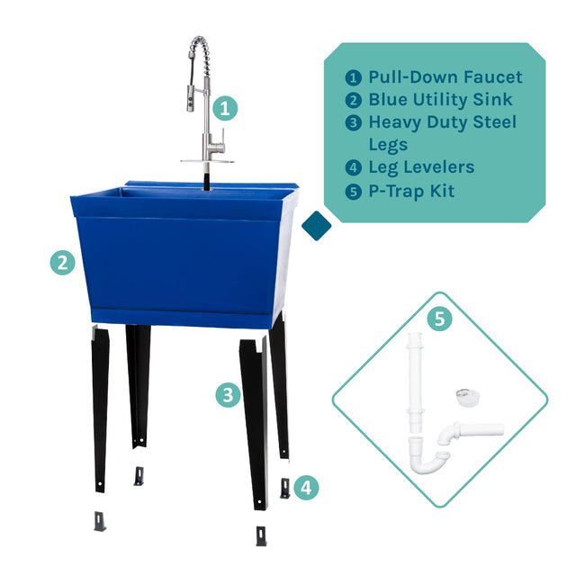 Tehila Standard Freestanding Blue Utility Sink with Stainless Steel Finish High-Arc Coil Pull-Down Faucet