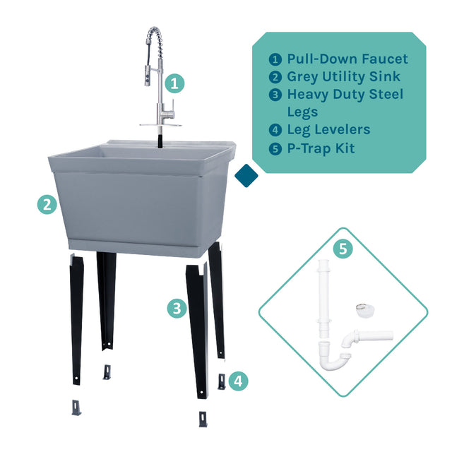Tehila Standard Freestanding Grey Utility Sink with Stainless Steel Finish High-Arc Coil Pull-Down Faucet