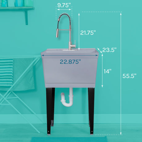 Tehila Standard Freestanding Grey Utility Sink with Stainless Steel Finish High-Arc Coil Pull-Down Faucet