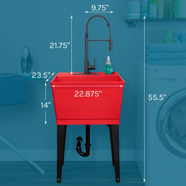 Tehila Standard Freestanding Red Utility Sink with Black Finish High-Arc Coil Pull-Down Faucet
