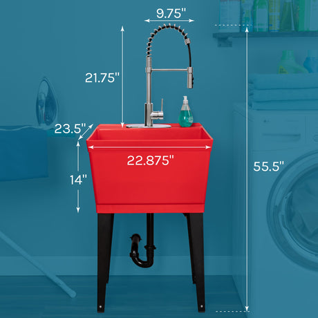 Tehila Standard Freestanding Red Utility Sink with Stainless Steel Finish High-Arc Coil Pull-Down Faucet