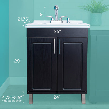 Tehila Black Vanity Cabinet and White Utility Sink with Chrome Finish Pull-Out Faucet