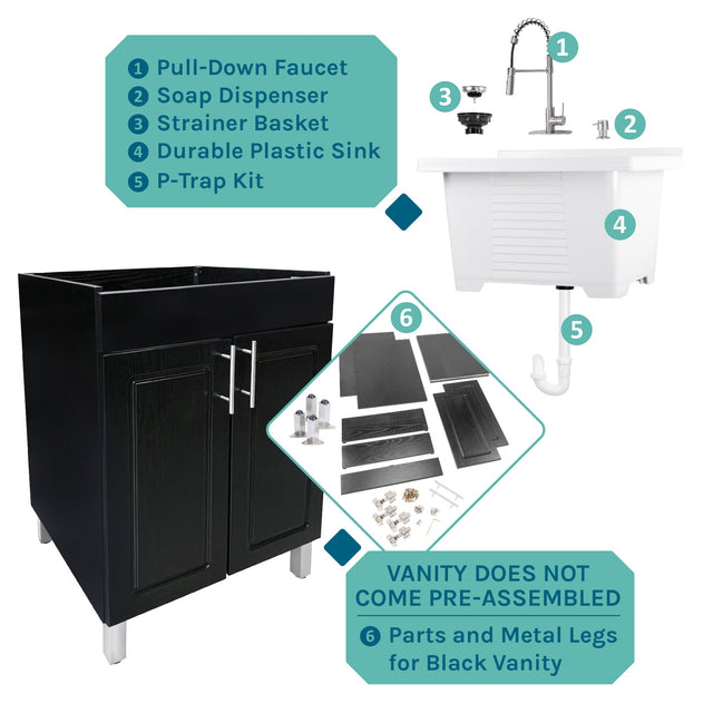 Tehila Black Vanity Cabinet and White Utility Sink with Stainless Steel Finish High-Arc Coil Pull-Down Faucet