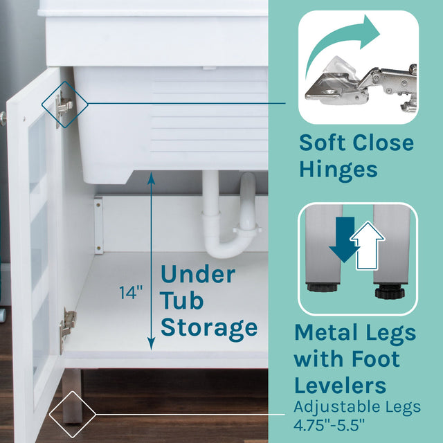 Tehila White Vanity Cabinet and White Utility Sink with Black Finish Pull-Out Faucet
