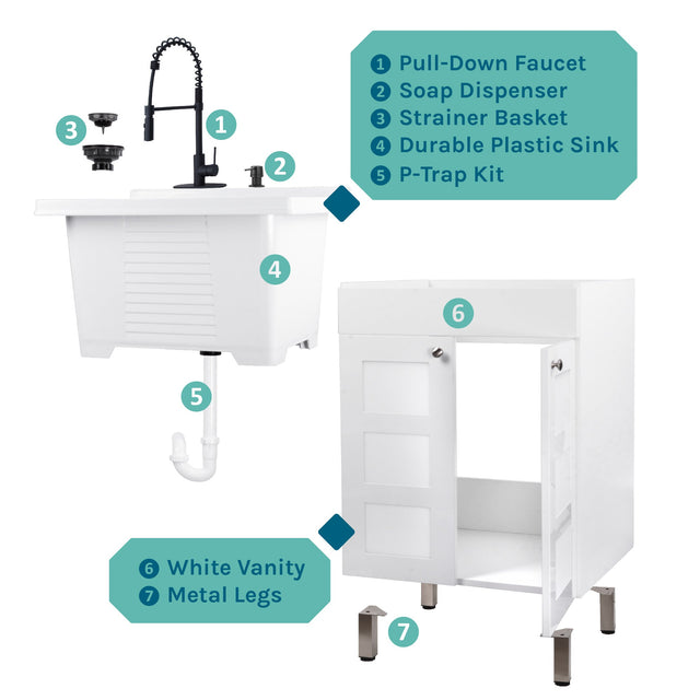 Tehila White Vanity Cabinet and White Utility Sink with Black Finish High-Arc Coil Pull-Down Faucet